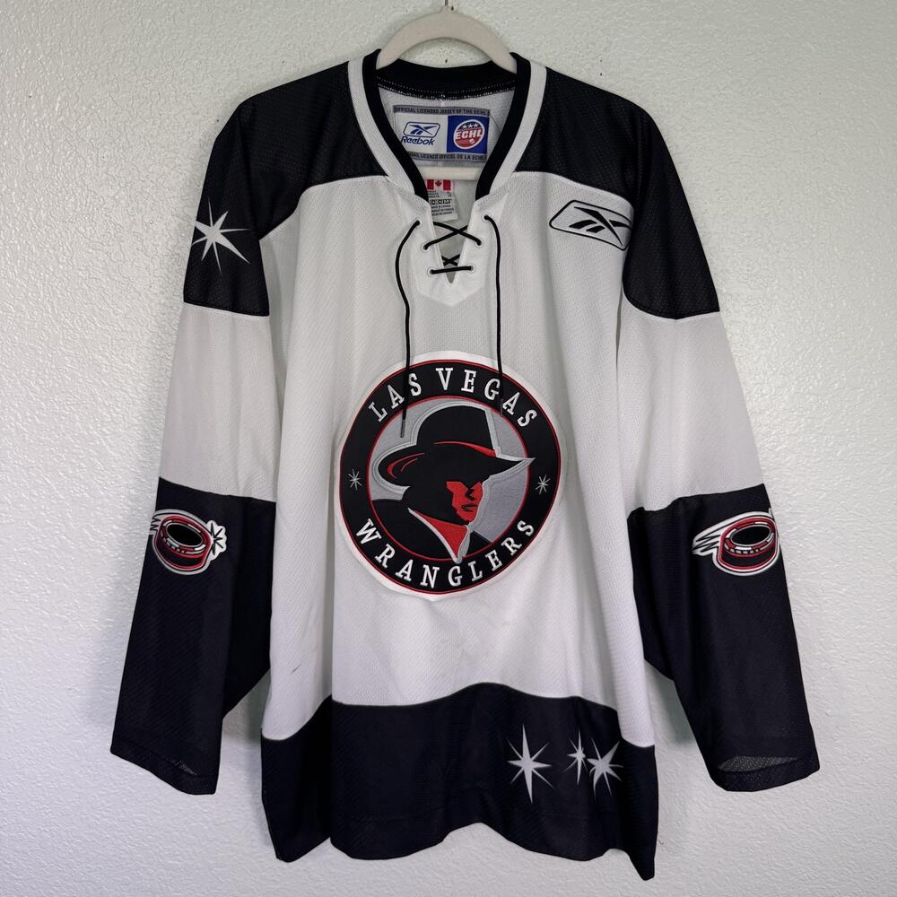 Las Vegas Wranglers Jersey Mens XL ECHL Hockey Reebok White Black Logo Lace Up